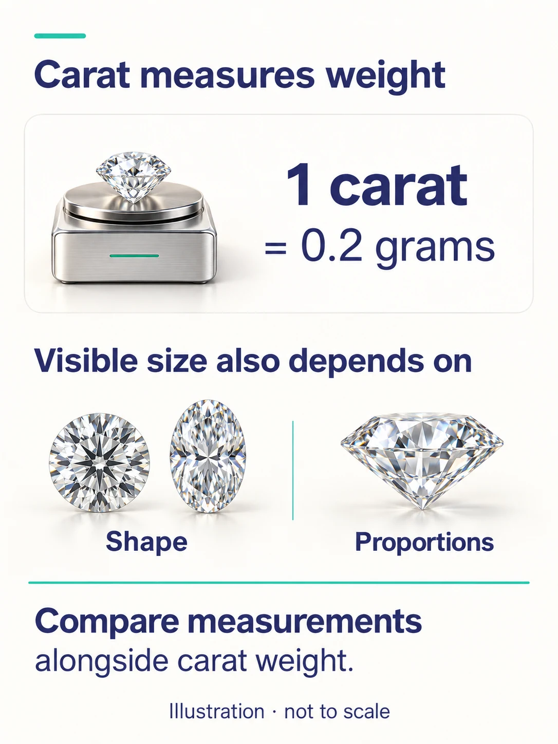 One carat equals 0.2 grams. Visible size also depends on shape and proportions; compare measurements alongside carat weight. Rendered illustration, not to scale.