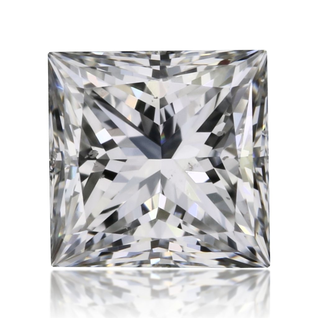 Face-up catalogue photograph of a princess-cut diamond with a square outline and pointed corners on a white background.
