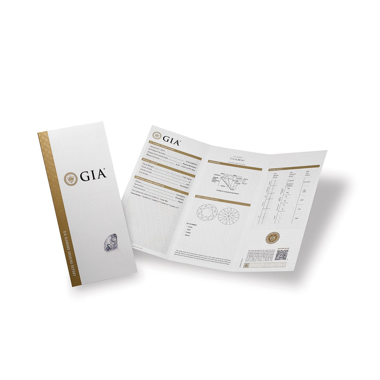 GIA Retailer Support Program photograph of a sample Diamond Grading Report and its cover.