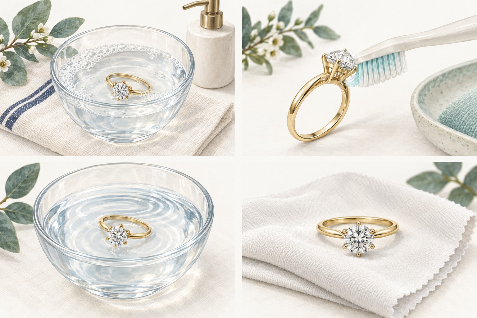 Four illustrated scenes: a diamond ring soaking in soapy water, being gently brushed, rinsed in a second bowl and resting on a soft cloth.