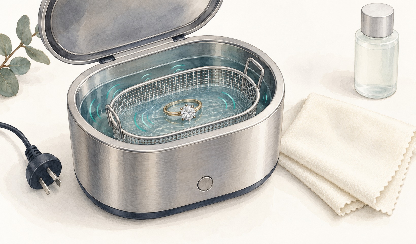 Illustration of an open home ultrasonic cleaner with one solitaire ring supported in a mesh basket, beside a soft cloth.