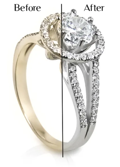 A white gold diamond ring shown half before and half after rhodium plating: the left half looks warm and greyish, the right half bright white.