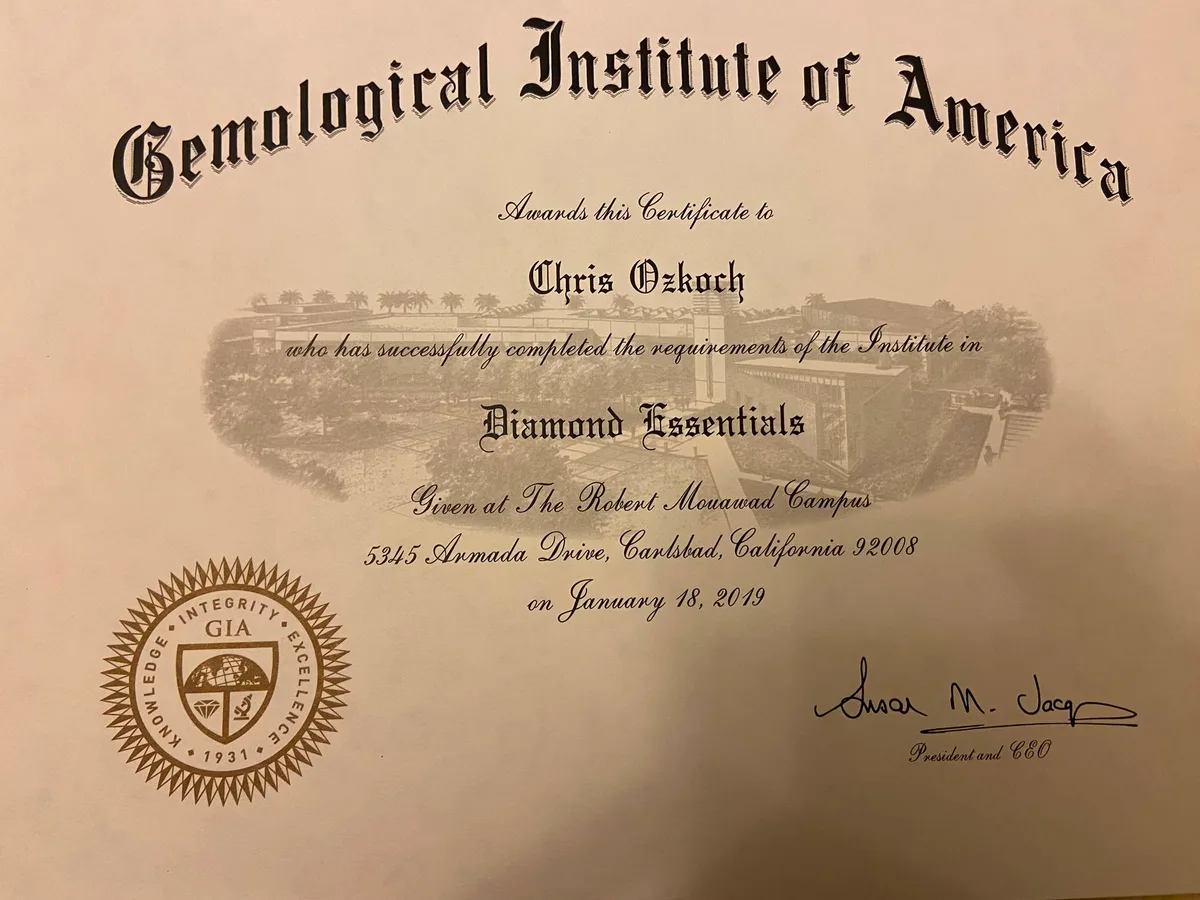 GIA Diamond Essentials certificate awarded to Chris Ozkoch, 18 January 2019, signed by GIA President Susan M. Jacques
