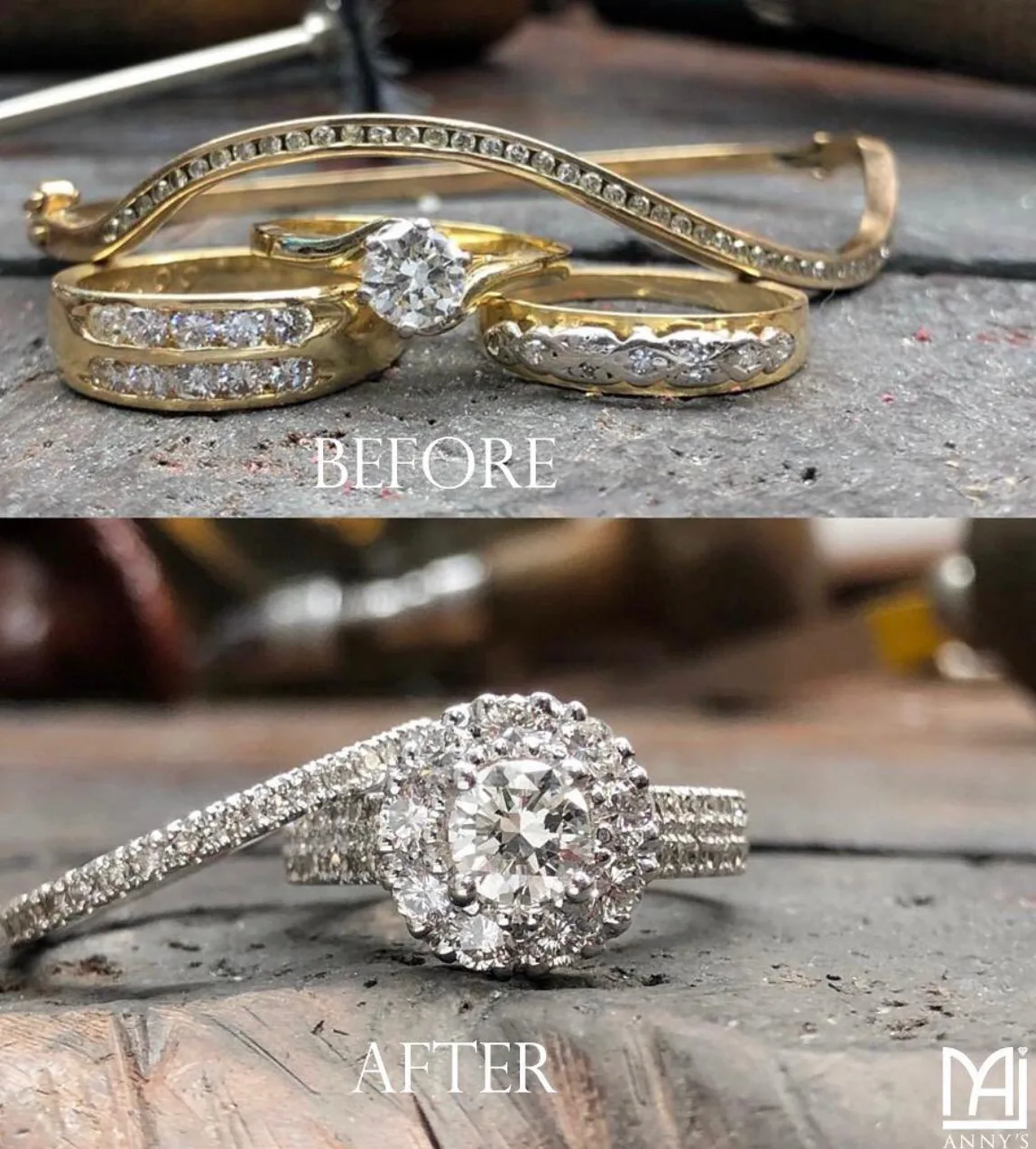 Before: a diamond bangle and three gold rings. After: a white gold halo engagement ring made from their stones.
