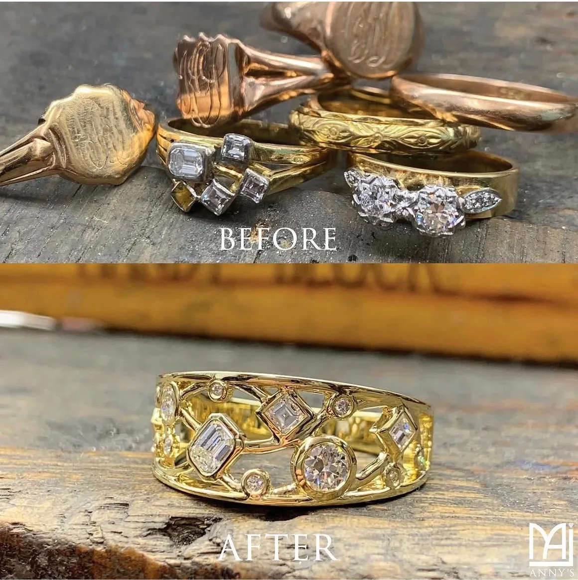 Before: a group of gold signet rings and diamond bands. After: a single gold openwork band set with their mixed-cut diamonds.