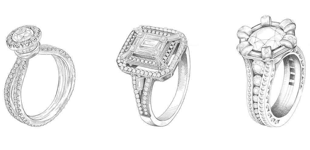 Three hand-drawn ring designs