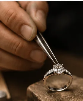 A jeweller placing a stone into a setting with tweezers
