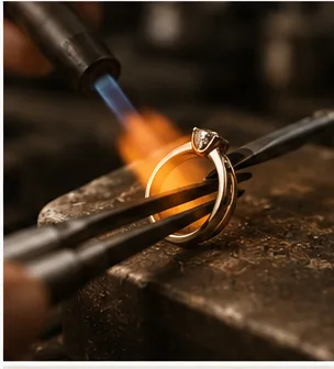 A torch flame on a gold ring at the bench