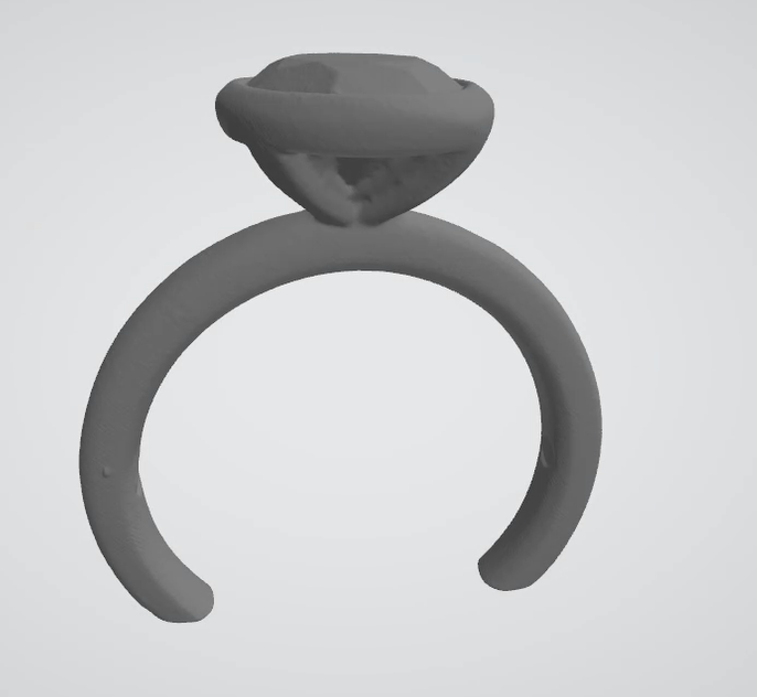 Front view of a grey 3D scan of a ring, capturing the band and stone setting