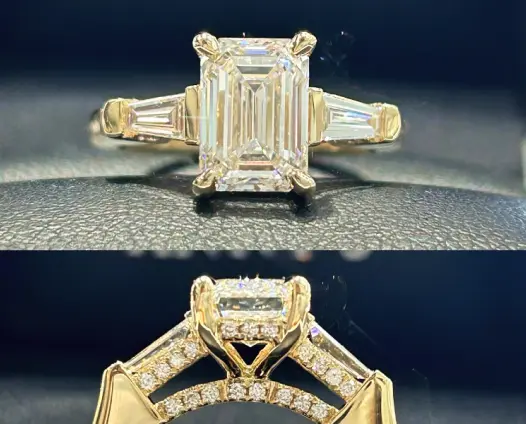 Emerald cut diamond ring shown from two angles