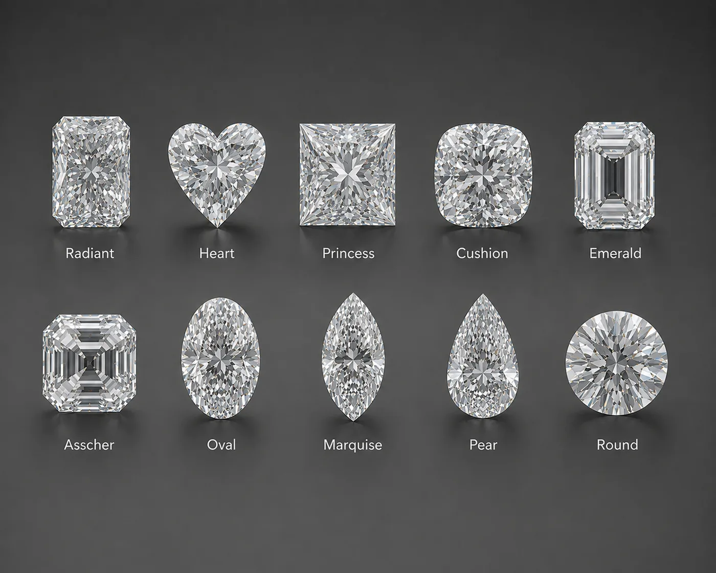 The ten diamond shapes: radiant, heart, princess, cushion, emerald, asscher, oval, marquise, pear and round