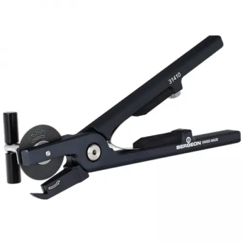 Bergeon 31410 ring cutter: black steel pliers with a small circular saw blade and a guard that slides under the ring.