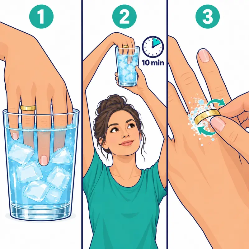 Three steps: fingers in a glass of ice water; holding the glass above your head for 10 minutes; soap on the finger while twisting the ring off.
