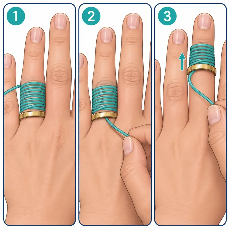 Three steps: floss wrapped in tight coils from the knuckle down to the ring; the end tucked under the ring; the floss unwound so the ring slides up over the coils.