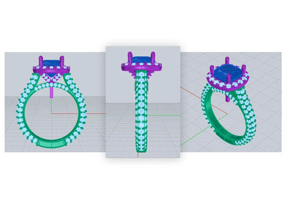 A ring design shown from three angles in CAD