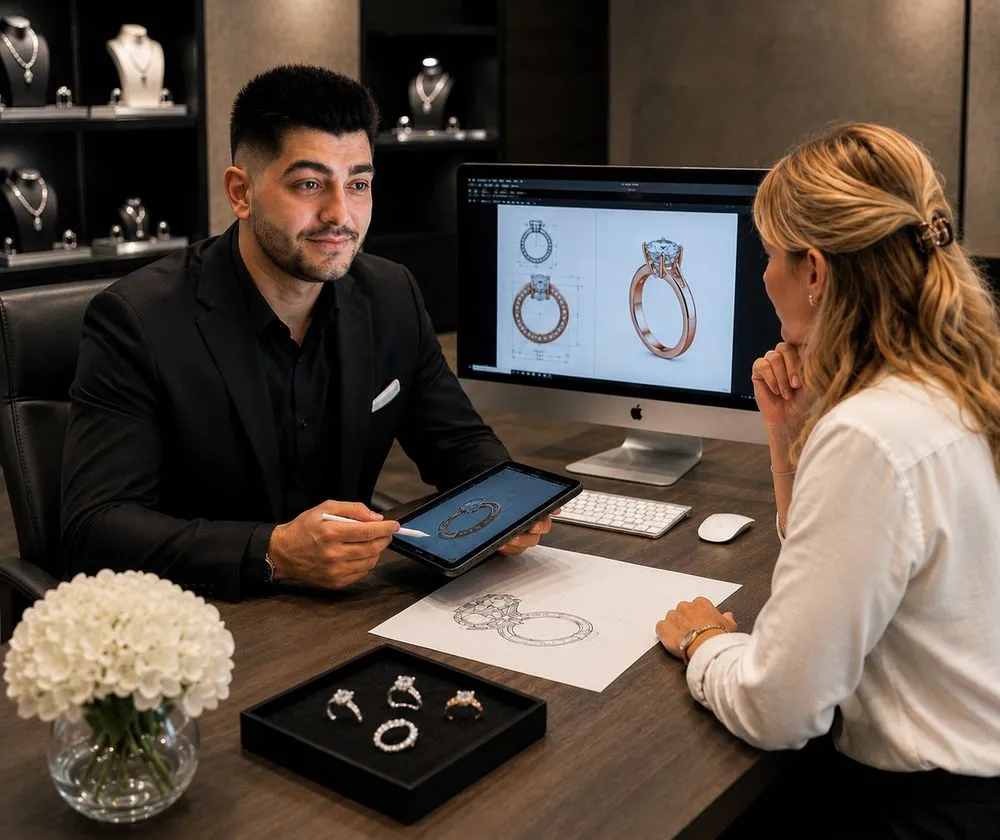 A jewellery design consultation with sketches and ring designs
