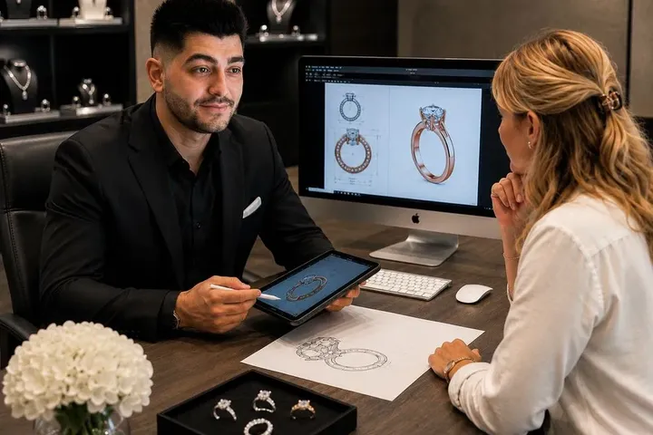 A designer reviewing ring designs on screen and on paper with a client.