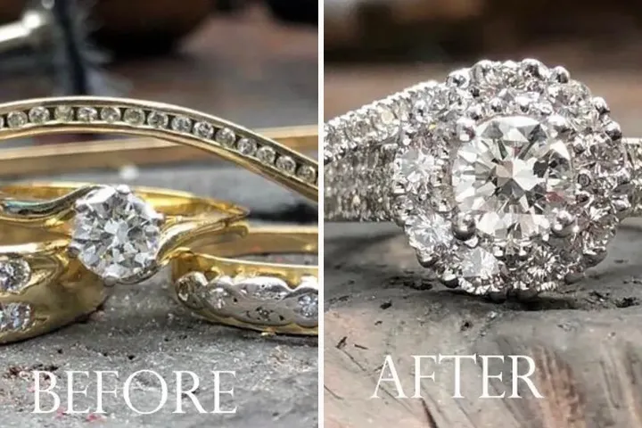 Old yellow gold rings before remodelling, beside the white gold halo ring set made from them.