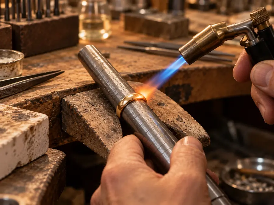 A yellow gold band on a steel ring mandrel at the bench, warmed by a small torch flame.