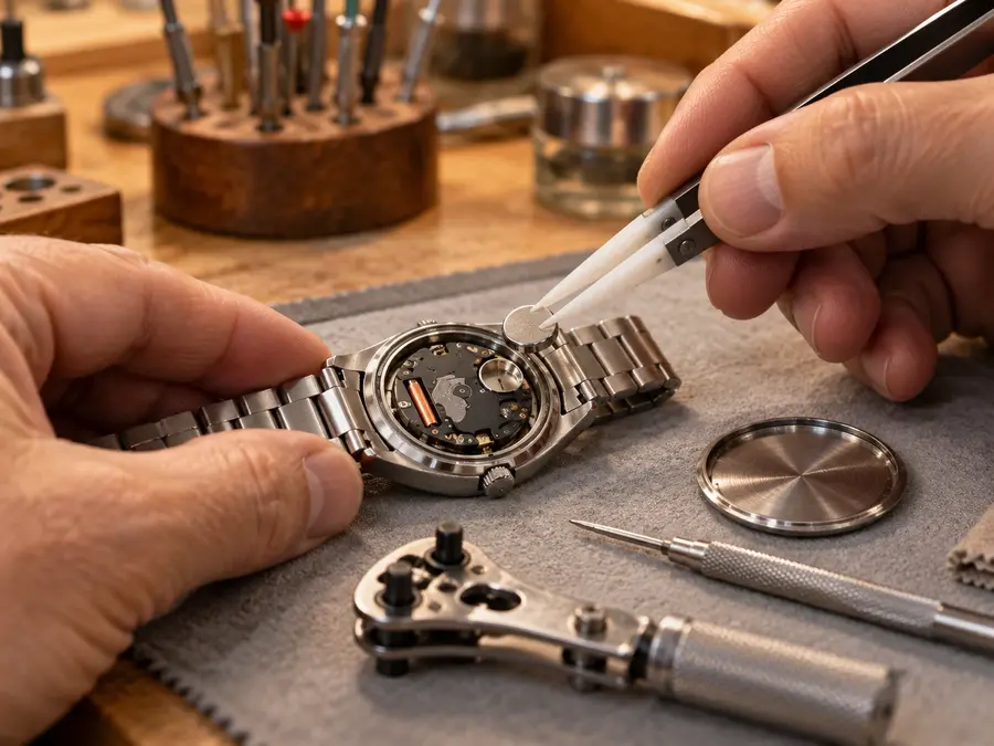 Plastic tweezers lifting a silver coin battery out of an open steel watch on a bench mat, with the case back and a case-back opener beside it.
