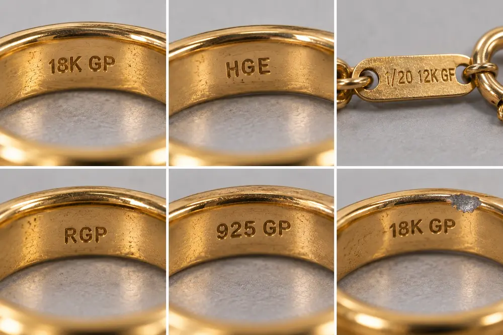 Six close-ups of stamps inside gold-coloured rings and on a clasp tag: 18K GP, HGE, 1/20 12K GF, RGP, 925 GP, and an 18K GP band worn through to grey metal at the edge.