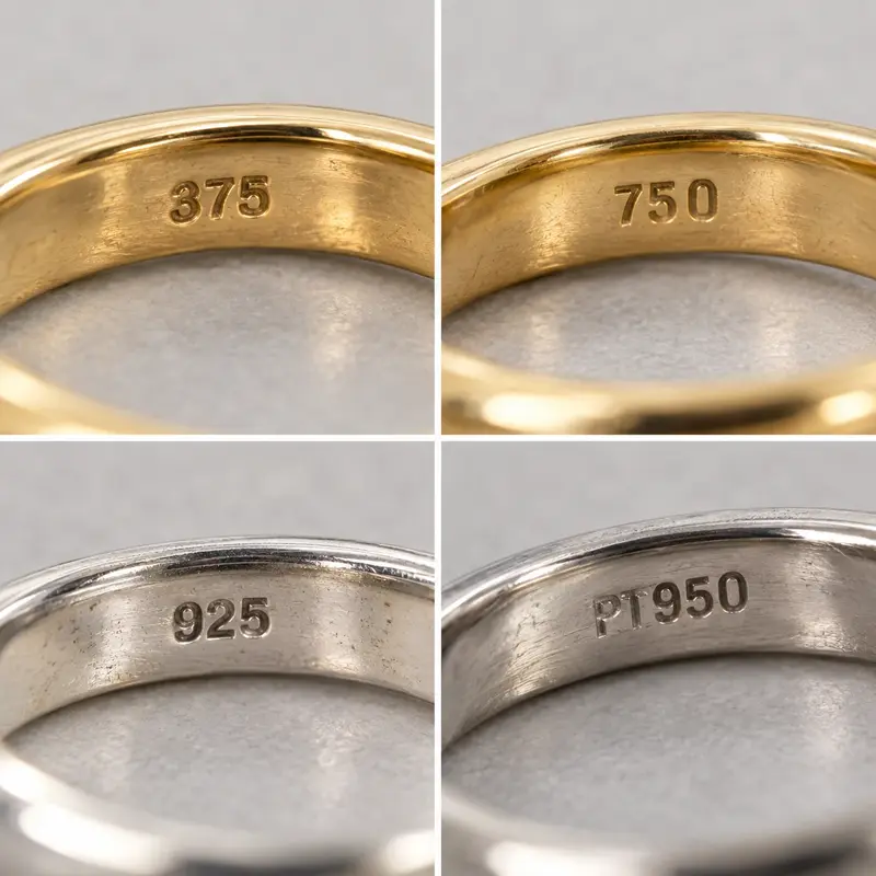Four close-ups of stamps inside ring bands: 375 and 750 on yellow gold, 925 on silver and PT950 on platinum.