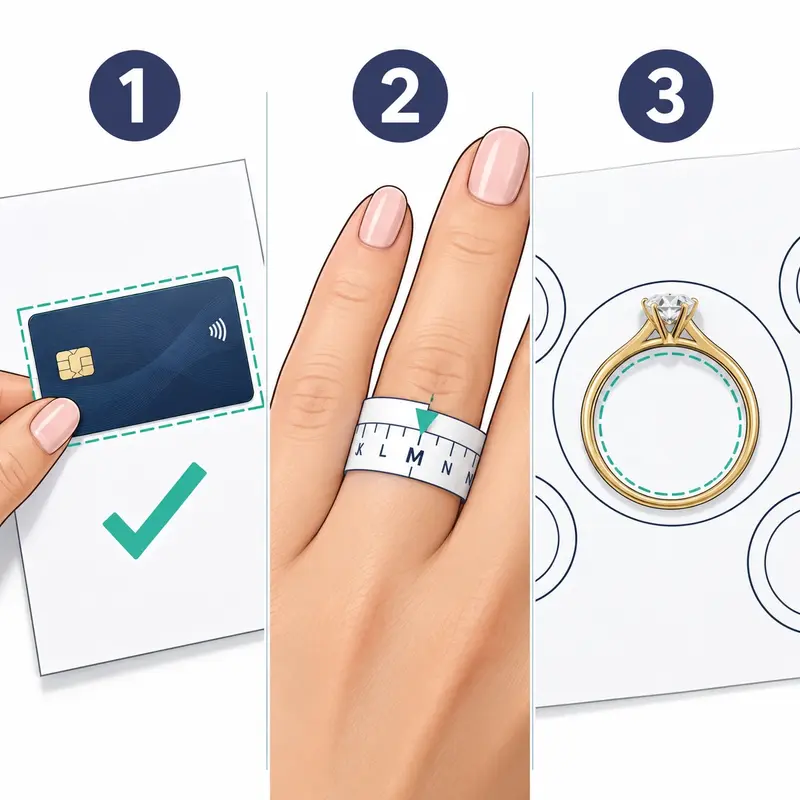 Three steps: check a bank card fits the printed box; wrap the paper strip round your finger and read the size; place a ring on the circles and match its inside edge.