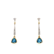 9K YG Dia 0.2ct Blue Topaz Trilliant Drop Earrings